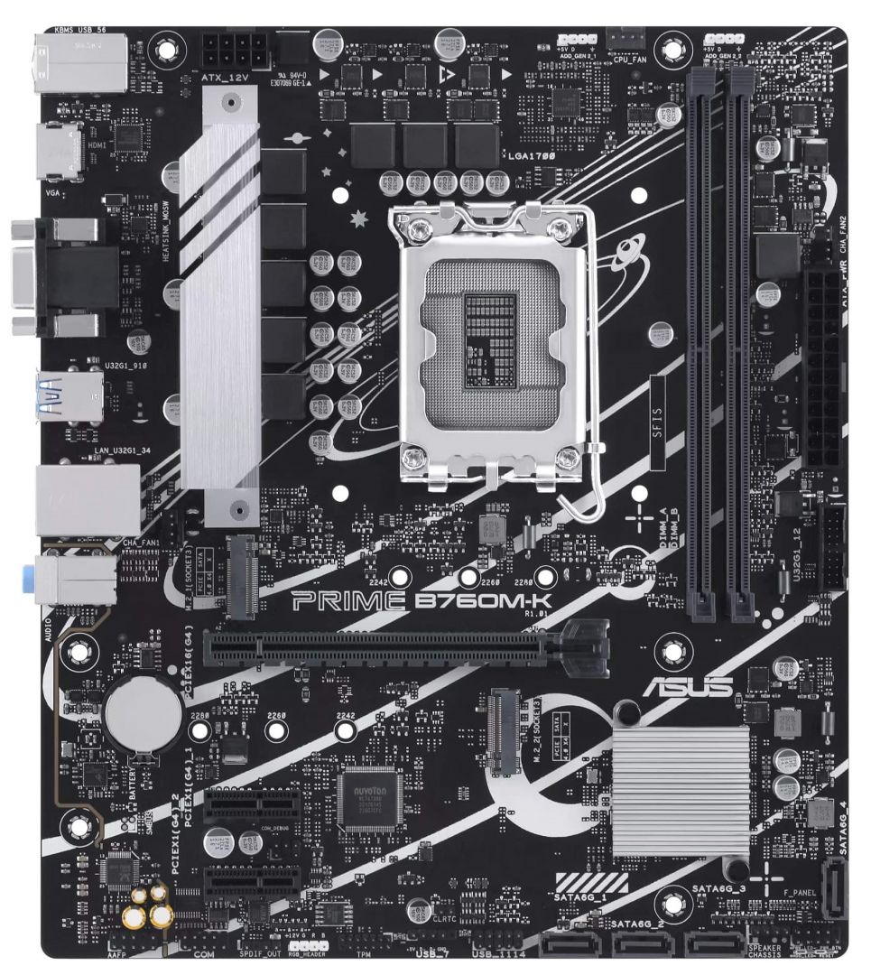 Материнская плата ASUS Prime B760M-K (LGA1700, 8 фаз, 2xM.2, 2xARGB, 1xRGB, 2xD5) 90MB1FI0-M1EAY0